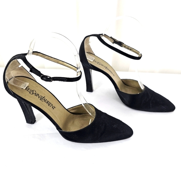 Yves Saint Laurent Black Satin Heels Ankle Strap Size 8 - Picture 1 of 16
